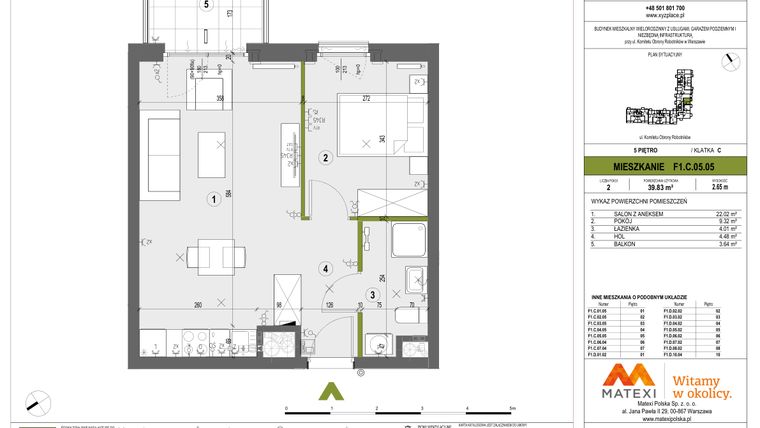 Rzut - Mieszkanie na sprzedaż 2 pokoje o powierzchni 39,9 m² - numer F1.C.05.05 w XYZ Place
