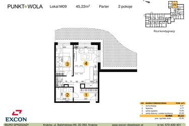 Rzut - Mieszkanie na sprzedaż 2 pokoje o powierzchni 45,22 m² - numer M09 w Punkt Wola