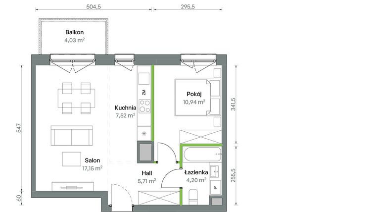 Rzut - Mieszkanie na sprzedaż 2 pokoje o powierzchni 45,52 m² - numer 1/A/2/66 w Oliwska Vita