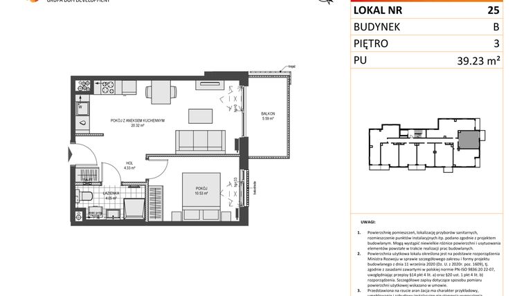 Rzut - Mieszkanie na sprzedaż 2 pokoje o powierzchni 39,23 m² - numer B25 w Przystań Brzeźno etap 1.2