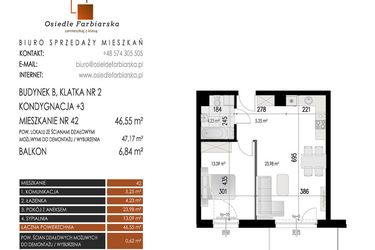 Rzut - Mieszkanie na sprzedaż 2 pokoje o powierzchni 46,55 m² - numer 42B w Osiedle Farbiarska II