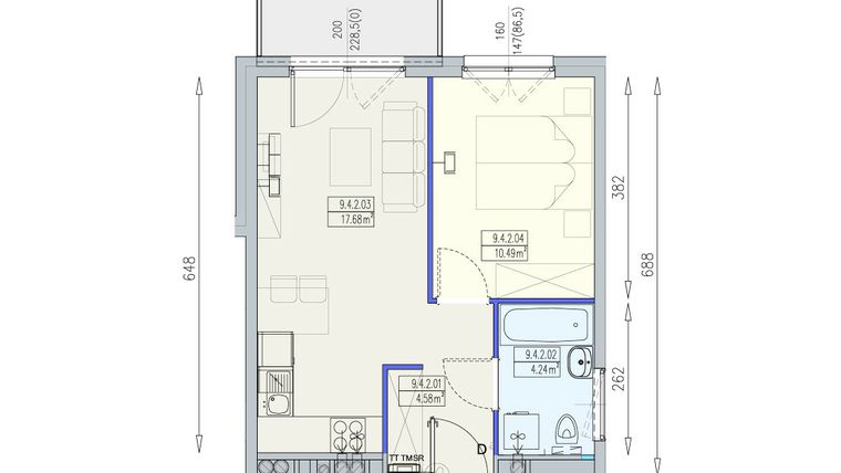 Rzut - Mieszkanie na sprzedaż 2 pokoje o powierzchni 36,99 m² - numer K2 9/4/2/2a w Południk 17 - budynek K2