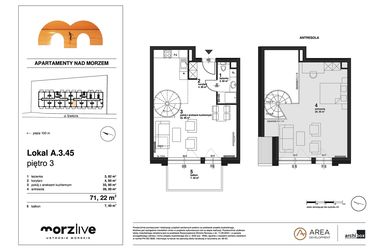 Rzut - Mieszkanie na sprzedaż 2 pokoje o powierzchni 71,22 m² - numer A.3.45 w Morzlive