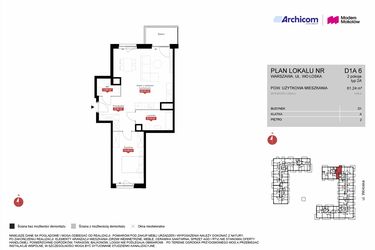Rzut - Mieszkanie na sprzedaż 2 pokoje o powierzchni 61,24 m² - numer D1A 6 w Modern Mokotów etap 4, budynek D1 i D2