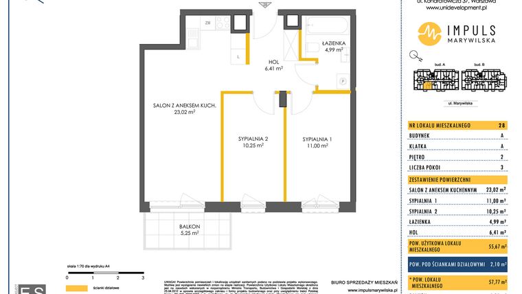 Rzut - Mieszkanie na sprzedaż 3 pokoje o powierzchni 55,67 m² - numer A/28 w Impuls Marywilska