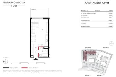 Rzut - Mieszkanie na sprzedaż 1 pokój o powierzchni 38,36 m² - numer C 0.08 w Naramowicka 100