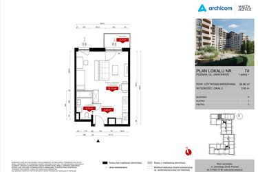Rzut - Mieszkanie na sprzedaż 1 pokój o powierzchni 39,98 m² - numer K.74 w Wieża Jeżyce etap V