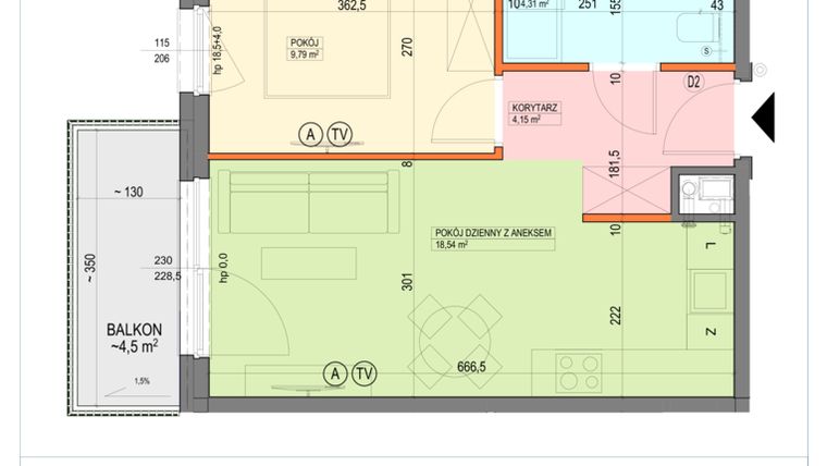 Rzut - Mieszkanie na sprzedaż 2 pokoje o powierzchni 36,79 m² - numer B1.3.21.2a w Junique I.II