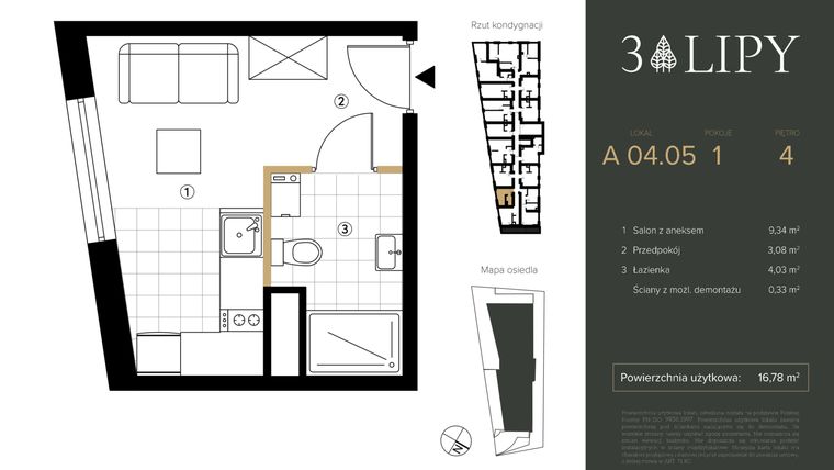 Rzut - Mieszkanie na sprzedaż 1 pokój o powierzchni 16,78 m² - numer A.04.05 w 3 lipy