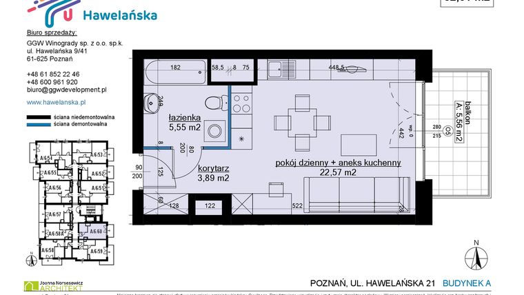Rzut - Mieszkanie na sprzedaż 1 pokój o powierzchni 32,06 m² - numer A/6/60 w Osiedle Hawelańska etap III - bud. A