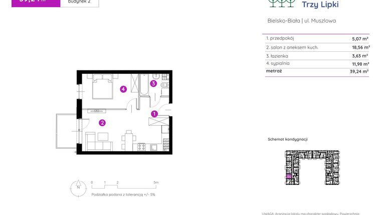 Rzut - Mieszkanie na sprzedaż 2 pokoje o powierzchni 39,24 m² - numer 2.A.3.03 w Murapol Trzy Lipki etap II