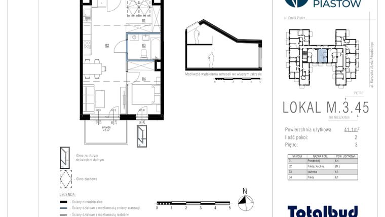 Rzut - Mieszkanie na sprzedaż 2 pokoje o powierzchni 41,09 m² - numer M.3.45 w Viva Piastów