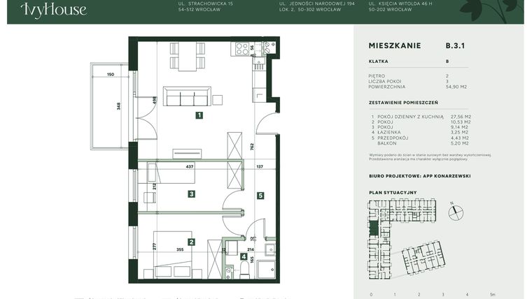 Rzut - Mieszkanie na sprzedaż 3 pokoje o powierzchni 54,9 m² - numer B.3.1 w IVY HOUSE