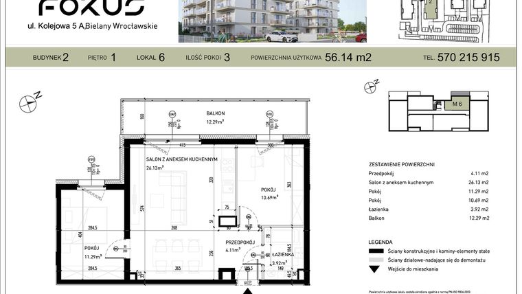 Rzut - Mieszkanie na sprzedaż 3 pokoje o powierzchni 56,14 m² - numer II.6 w Fokus Bielany