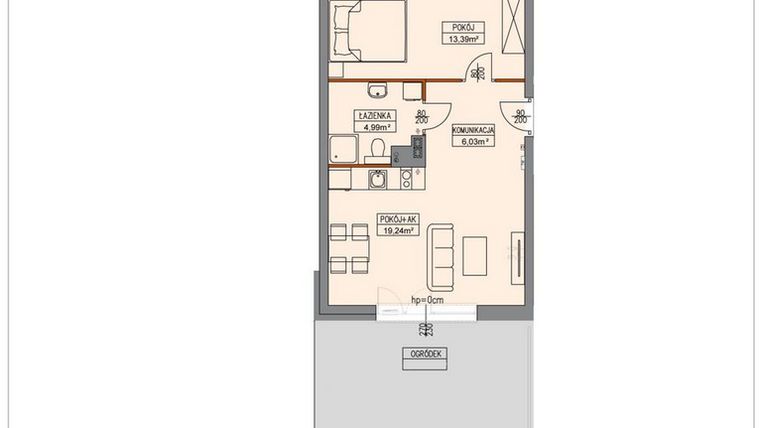 Rzut - Mieszkanie na sprzedaż 2 pokoje o powierzchni 43,83 m² - numer B1.0.5.2a w Stegna Park II