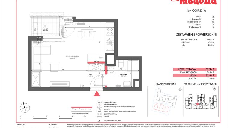 Rzut - Mieszkanie na sprzedaż 1 pokój o powierzchni 31,73 m² - numer A.116 w Modena II