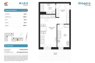 Rzut - Mieszkanie na sprzedaż 2 pokoje o powierzchni 43,55 m² - numer M I.0.5 w Glogera Bricks