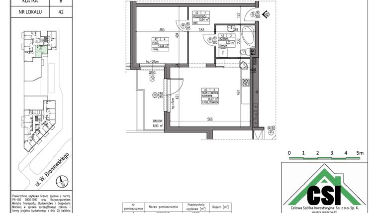 Rzut - Mieszkanie na sprzedaż 2 pokoje o powierzchni 56,37 m² - numer 42 w Broniewskiego 28