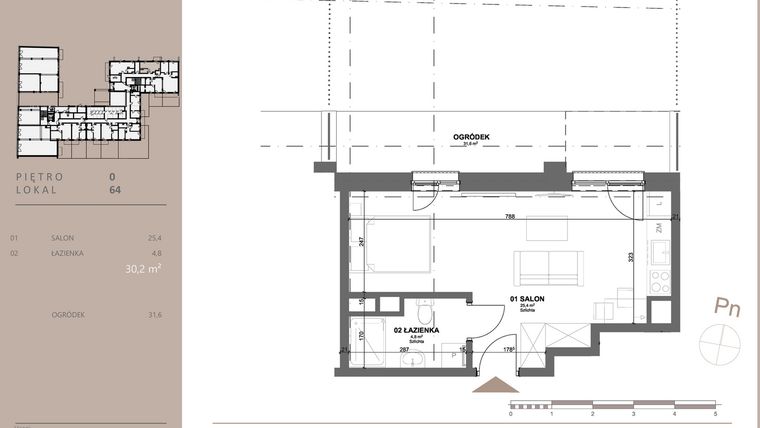 Rzut - Mieszkanie na sprzedaż 1 pokój o powierzchni 30,2 m² - numer 64 w BETWEEN