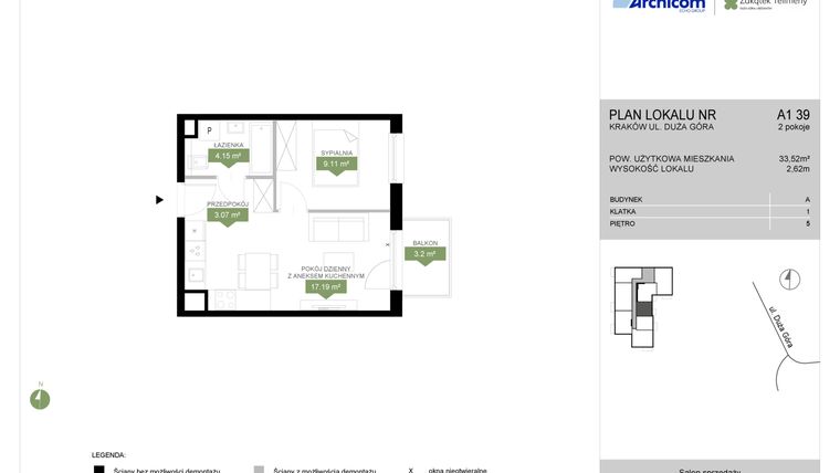 Rzut - Mieszkanie na sprzedaż 2 pokoje o powierzchni 33,52 m² - numer A1 39 w Zakątek Telimeny