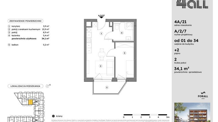 Rzut - Mieszkanie na sprzedaż 2 pokoje o powierzchni 34,1 m² - numer A/2/7 w Osiedle Mateckiego 4ALL