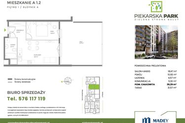 Rzut - Mieszkanie na sprzedaż 2 pokoje o powierzchni 39,29 m² - numer A1.2 w Piekarska Park