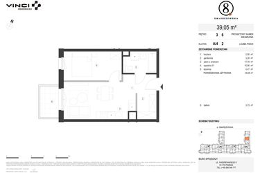 Rzut - Mieszkanie na sprzedaż 2 pokoje o powierzchni 39,05 m² - numer A/4/3.6 w Smardzewska 8