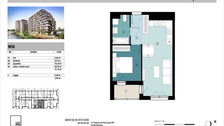 Rzut - Mieszkanie na sprzedaż 2 pokoje o powierzchni 41,04 m² - numer D58 w Panorama Kwiatkowskiego