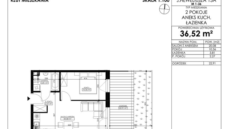 Rzut - Mieszkanie na sprzedaż 2 pokoje o powierzchni 36,52 m² - numer JAR-II-B-LM-M4 w Osiedle JAR Heweliusza etap II