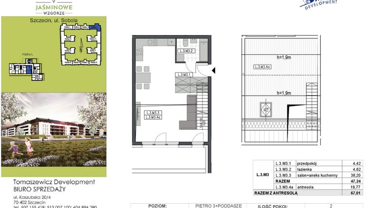 Rzut - Mieszkanie na sprzedaż 2 pokoje o powierzchni 67,01 m² - numer L3M3 w Jaśminowe Wzgórze - etap II