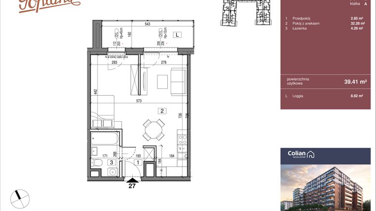 Rzut - Mieszkanie na sprzedaż 1 pokój o powierzchni 39,41 m² - numer G1/27 w Goplana budynek G