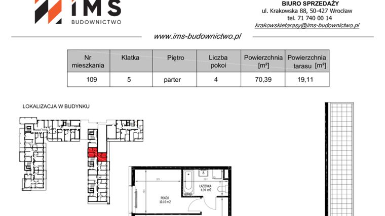 Rzut - Mieszkanie na sprzedaż 4 pokoje o powierzchni 70,39 m² - numer 109 w Krakowskie Tarasy etap V
