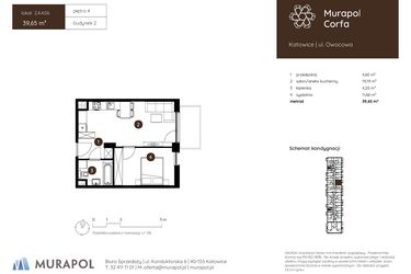 Rzut - Mieszkanie na sprzedaż 2 pokoje o powierzchni 39,65 m² - numer 2.A.4.06 w Murapol Corfa