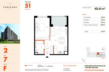 Rzut - Mieszkanie na sprzedaż 2 pokoje o powierzchni 40,61 m² - numer F51 w Panorama Struga