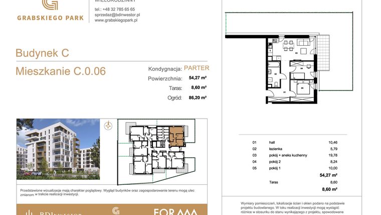 Rzut - Mieszkanie na sprzedaż 3 pokoje o powierzchni 54,27 m² - numer C.0.06 w Grabskiego Park