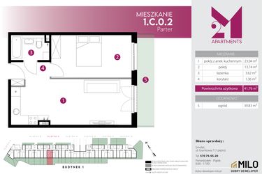 Rzut - Mieszkanie na sprzedaż 2 pokoje o powierzchni 41,76 m² - numer 1.C.0.2 w Maślice Wrocław Milo Dobry Deweloper etap IV