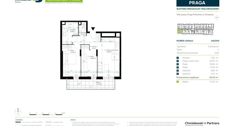 Rzut - Mieszkanie na sprzedaż 3 pokoje o powierzchni 60,45 m² - numer AA0304 w Neo Praga