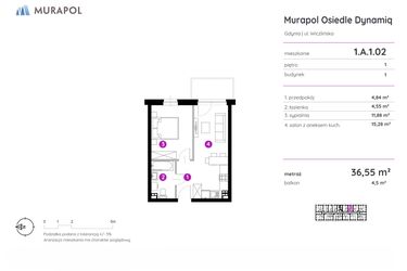 Rzut - Mieszkanie na sprzedaż 2 pokoje o powierzchni 36,55 m² - numer 1.A.1.02 w Murapol Osiedle Dynamiq