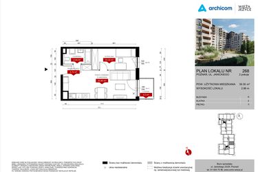 Rzut - Mieszkanie na sprzedaż 2 pokoje o powierzchni 39,39 m² - numer K.268 w Wieża Jeżyce etap V