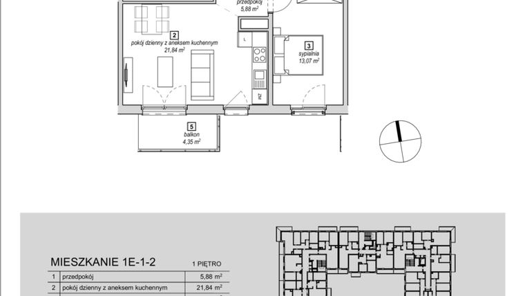 Rzut - Mieszkanie na sprzedaż 2 pokoje o powierzchni 46,95 m² - numer 1E-1-2 w Naramowice Odnova