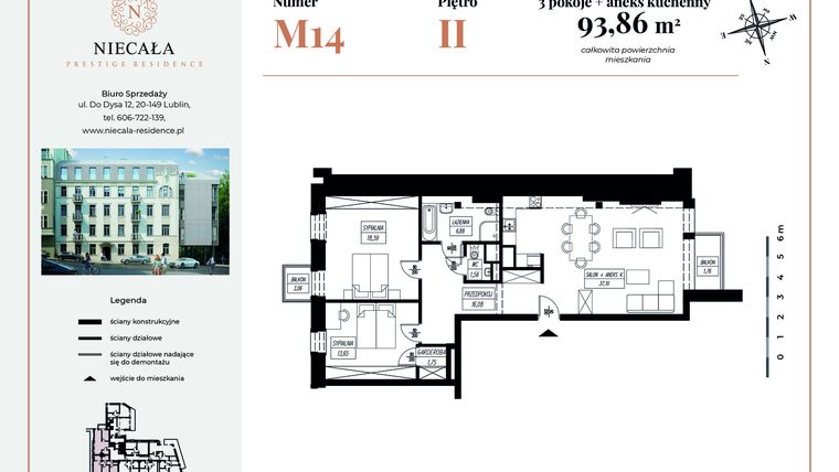 Rzut - Mieszkanie na sprzedaż 3 pokoje o powierzchni 93,86 m² - numer 14 w Niecała Prestige Residence