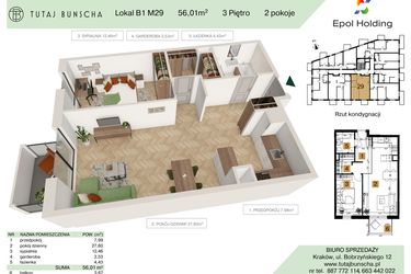 Rzut - Mieszkanie na sprzedaż 2 pokoje o powierzchni 56,01 m² - numer B1.M29 w Tutaj Bunscha