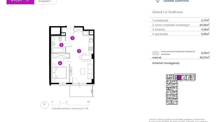 Rzut - Mieszkanie na sprzedaż 1 pokój o powierzchni 39,57 m² - numer 1.A.1.16 w Murapol Osiedle Szafirove II