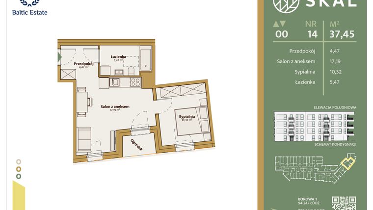 Rzut - Mieszkanie na sprzedaż 2 pokoje o powierzchni 37,45 m² - numer M.14 w Skal