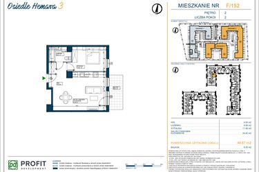 Rzut - Mieszkanie na sprzedaż 2 pokoje o powierzchni 44,87 m² - numer 152 w Osiedle Hemara - etap III bud. 2 i 3