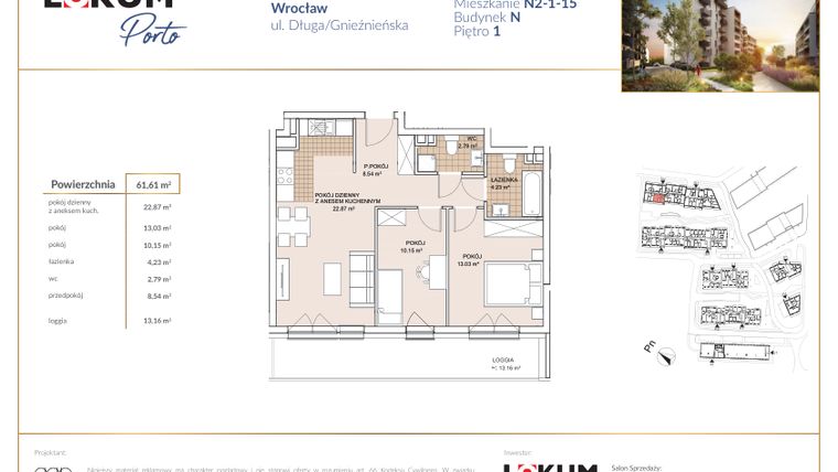 Rzut - Mieszkanie na sprzedaż 3 pokoje o powierzchni 61,61 m² - numer N2-1-15 w Lokum Porto etap V bud. N