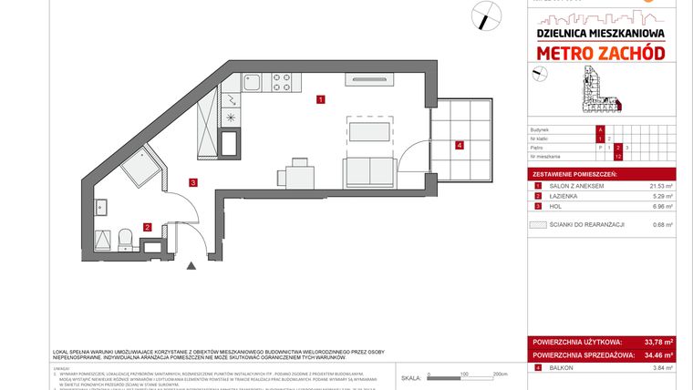 Rzut - Mieszkanie na sprzedaż 1 pokój o powierzchni 33,78 m² - numer A.12 w Dzielnica Mieszkaniowa Metro Zachód - etap 6