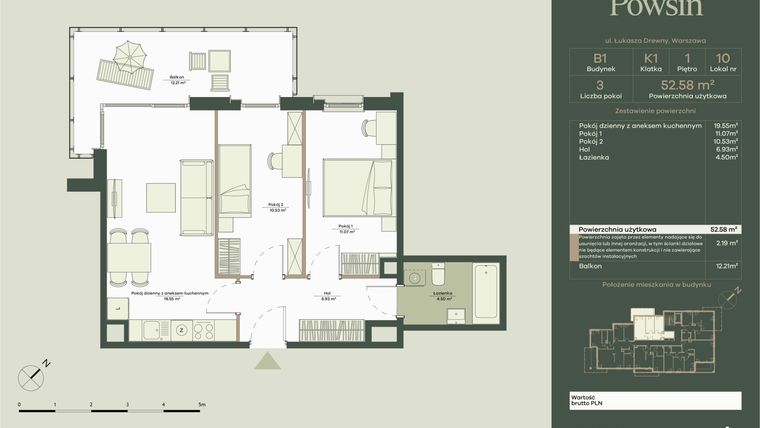 Rzut - Mieszkanie na sprzedaż 3 pokoje o powierzchni 52,58 m² - numer B1/10 w Onelife Powsin