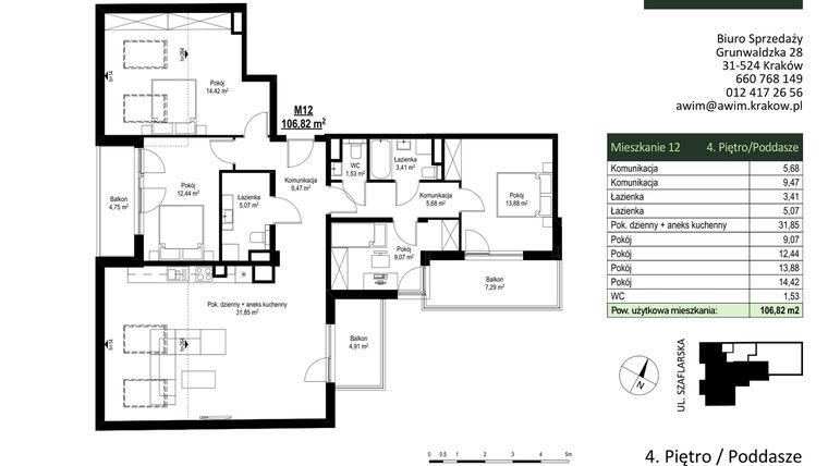 Rzut - Mieszkanie na sprzedaż 5 pokoi o powierzchni 106,82 m² - numer M12 w Szaflarska 9