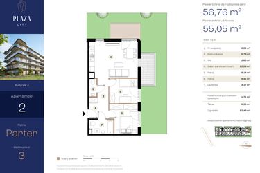 Rzut - Mieszkanie na sprzedaż 3 pokoje o powierzchni 56,76 m² - numer B4M2 w Plaza City